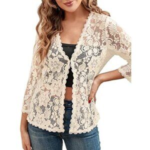 Creme Ivory New 3/4 Sleeve Bolero Shrug Crochet Lace Open Cardigan Size M Jacket